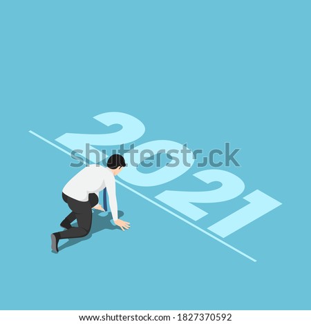 Flat 3d Isometric Businessman in Starting Position and Ready to New Year 2021. Start New Career and New Year Challenges Concept.