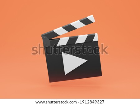 3d Render Clapperboard or Film Slate with Play Button on Orange Background.