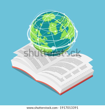 Flat 3d Isometric World Globe on Open Text Book. International education Concept