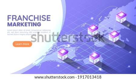 3d Isometric Web Banner Franchise Store on World Map Around The World. Franchise Business Marketing Concept. Сток-фото © 