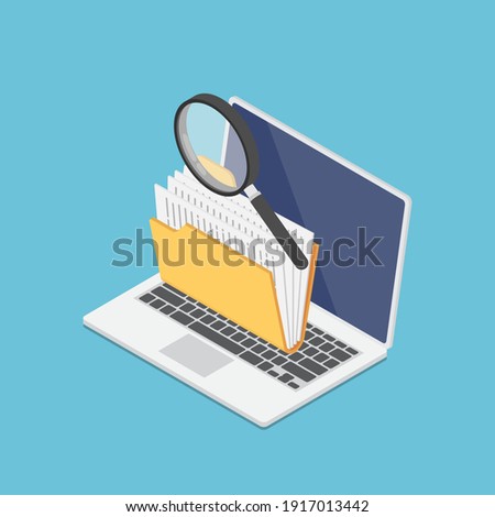 Flat 3d Isometric Laptop Computer with Folders and Magnifying Glass on Screen. Data Analysis and Open Data Concept.