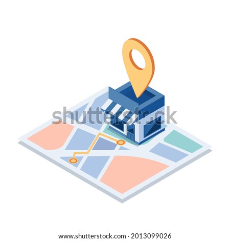 Flat 3d Isometric Shopping Store on The Map with Gps Navigation. GPS Navigation and Store Locations Concept.