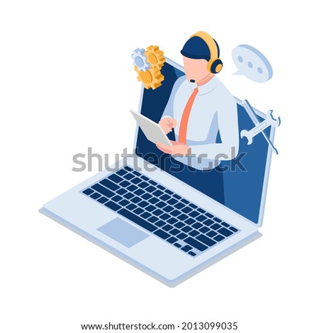 Flat 3d Isometric Male Technical Support Operator Wearting Headset on Laptop Screen. Customer Service and Technical Support Call Center.