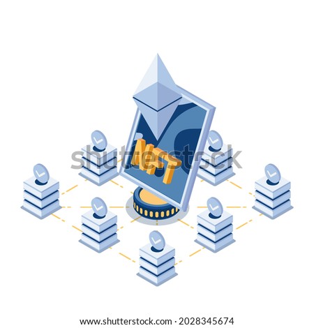 Flat 3d Isometric NFT Non Fungible Tokens Art in The Center of BlockChain Technology. NFT and Crypto Art Concept.