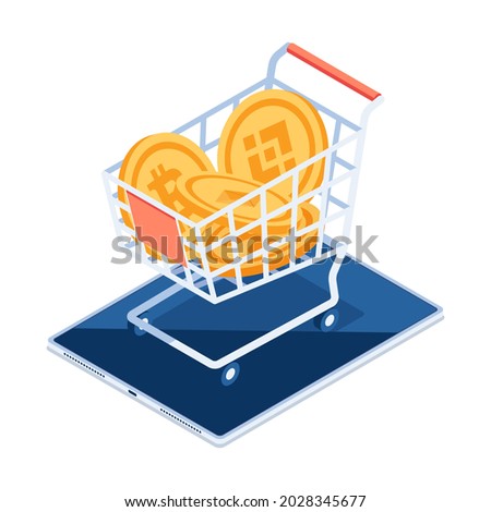 Flat 3d Isometric Cryptocurrency Coin Inside Shopping Cart on Digital Tablet. Cryptocurrency Exchange Platform Concept.