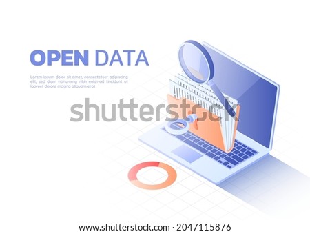 3d Isometric Web Banner Key Unlocked Folder with File and Magnifier on Laptop Monitor. Open Data and Data Analysis Concept.