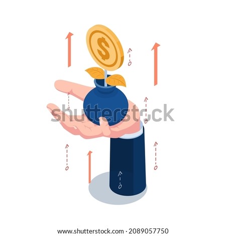 Flat 3d Isometric Businessman Hand Holding Coin Plant in Flower Pot with Rising Arrow. ROI Return on Investment and Dividend Yield Concept.