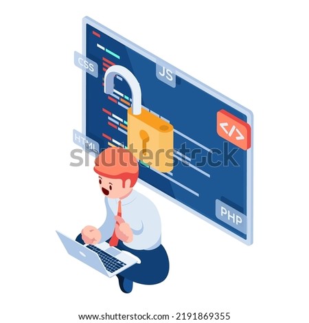 Flat 3d Isometric Businessman or Developer Working with Open Source Software Script. Open Source Software Development Concept.