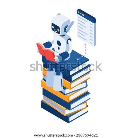 Flat 3d Isometric Ai Robot Reading on Stack of Books. Machine Learning and Artificial Intelligence Concept.