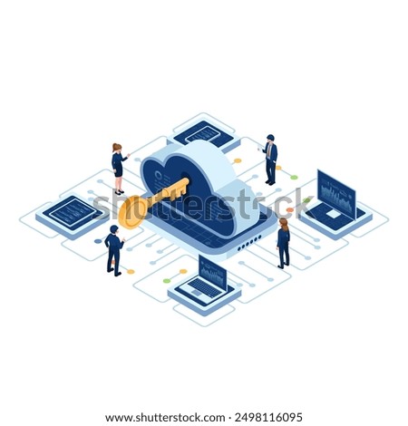 Isometric Cloud-Based Solution with Key The Ideal Metaphor for a Solution. Cloud-Based Solution and Cloud Computing Security Concept