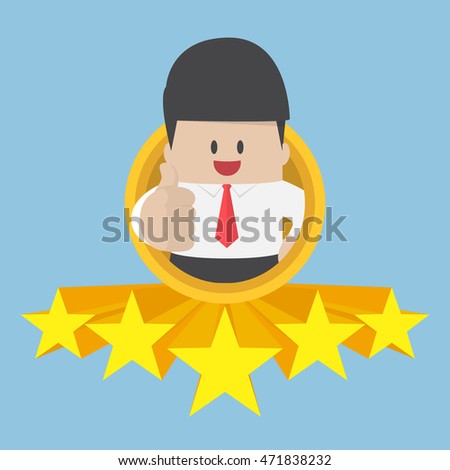 Businessman thumbs up with five star rating. best service and quality concept