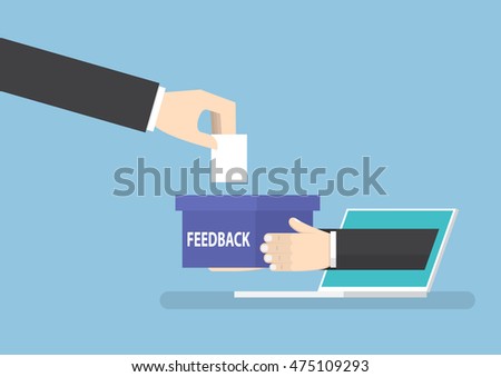Businessman hand with feedback box sticking out from laptop monitor, online marketing and feedback concept