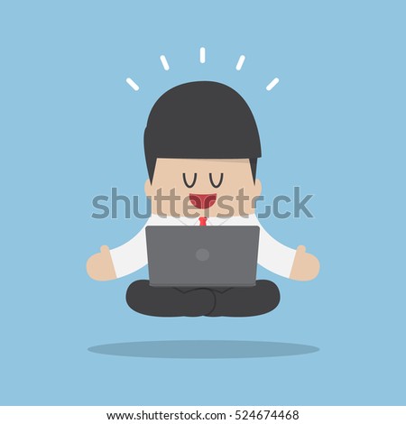 Businessman meditating when working with laptop and levitating in yoga position, relax, meditation and relaxing concept