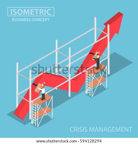 Isometric businessman trying to fix broken graph, financial and crisis management concept