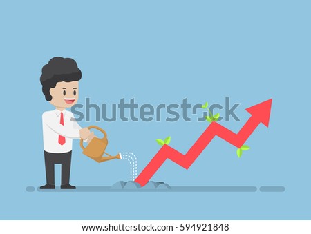 Businessman Watering Business Graph that Growth Through the Ground, Financial  Business Investment Concept