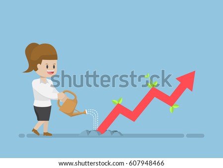 Businesswoman Watering Business Graph that Growth Through the Ground, Financial  Business Investment Concept