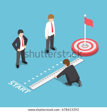 Flat 3d Isometric Businessman Measuring Distance Between Start Point and Target. Business Target Analysis Concept