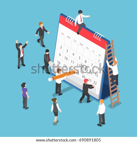 Flat 3d Isometric Business People Planning and Scheduling Operation by Drawing Circle Mark on Desk Calendar. Business Operations Planning and Scheduling Concept.