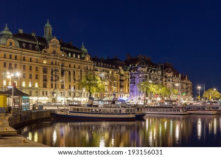 Evening. Strandvagen is a boulevard in central Stockholm, Sweden. Completed just in time for the Stockholm World\'s Fair 1897, it quickly became known as one of the most prestigious addresses in town.