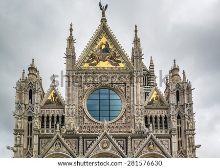 Main facade of Siena Cathedral (Duomo di Siena) is a medieval church in Siena, Italy. The cathedral itself was originally designed and completed between 1215 and 1263.