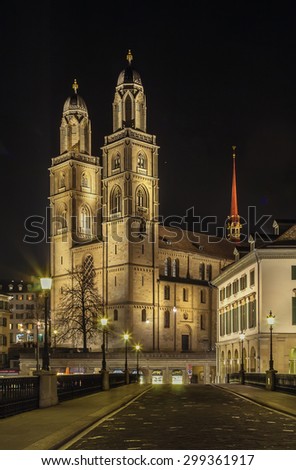 Evening. The Grossmunster is a Romanesque-style Protestant church in Zurich, Switzerland. It is one of the three major churches in the city