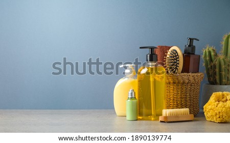 Beauty treatment products over gray background. Natural and organic body care concept Stock foto © 
