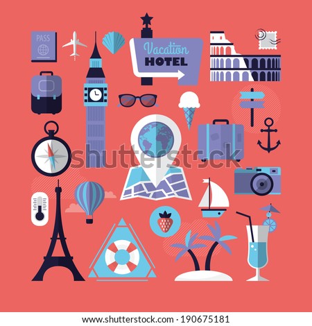 Summer holiday, tourism and travel destination flat icons. Vector illustration