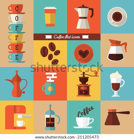 Flat modern icons for coffee shop. Vector illustration