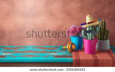 Image, Stock Photo wooden wall with cactus plants in pots on cupboard,