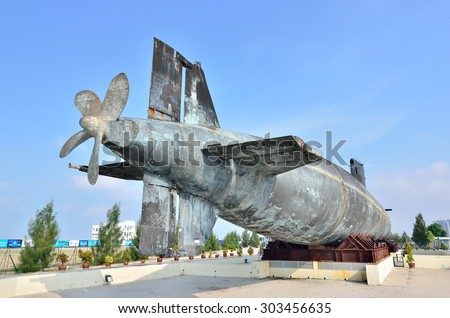 MALACCA, MALAYSIA-AUG 2: A decommissioned Royal Malaysian Navy submarine Agusta 70 on August 2, 2015. The submarine was built in 1979 and converted into museum submarine since November 22, 2011.