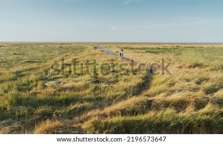 Foto Bild Person, die auf einer Landstraße zwischen Meer und Feld geht