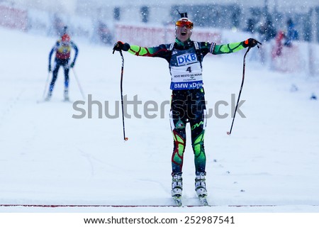 Nove Mesto na Morave, Czech Republic - February 8, 2015. Darya Domracheva won the Biathlon World Cup Pursuit Women.