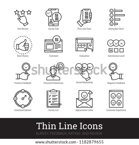 Survey, feedback, rating and review thin line icons. Modern linear illustration concept for social networks, web & mobile app. Checklist, quiz, emotional opinion, star review vector icons collection.