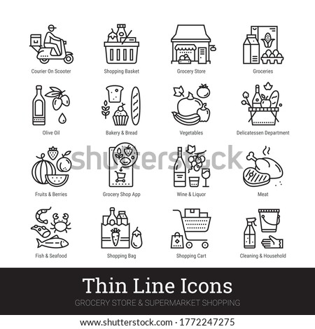 Grocery store, supermarket departments, online shopping, delivery thin line icons for web, mobile app. Editable stroke. Shop vector set include icons: groceries, shop basket, courier, meat, deli, veg.