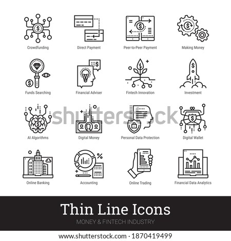 Fintech industry, money, finance thin line icon set. Modern vector logo for web service, mobile application. Investing, trading, money making, banking, financial service pictogram. Editable strokes. Foto stock © 