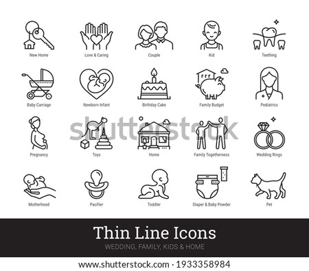 Family, kids thin line icons. Vector collection linear pictogram related to home, household, love, baby birth, holidays, engagement, wedding. Isolated vector set on white background. Editable strokes.