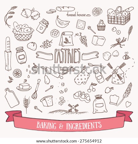 Bread, pastry and baking ingredients doodle set. Hand drawn vector illustration.