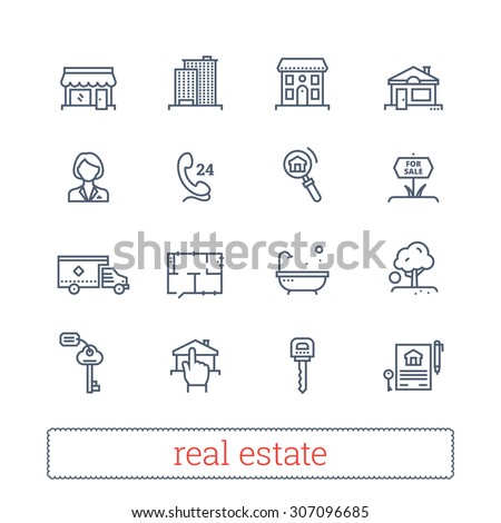 Real estate thin line icons. Vector set of leasing, renting, buying and selling realty signs.