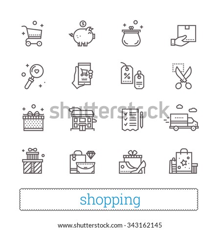 Shopping, commerce, retail thin line icons. Shop  symbols: coupons, wish list, delivery track, cash back, goods and gifts. Modern vector design elements. Isolated on white.