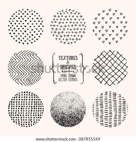 Hand drawn textures and brushes. Artistic collection of design elements: dots, hearts, brush strokes, paint dabs, wavy lines, abstract backgrounds, patterns made with ink. Isolated vector.