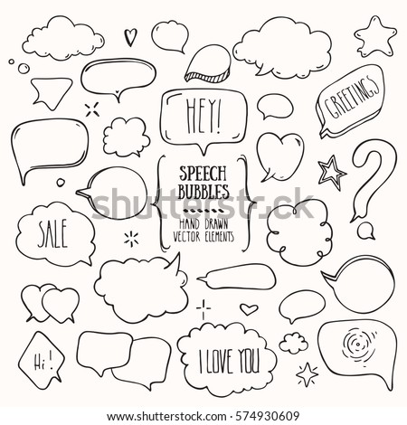 Collection of hand drawn think & talk speech bubbles with love message, greetings and sale ad. Doodle style comic balloon, cloud, heart shaped design elements. Isolated vector set.