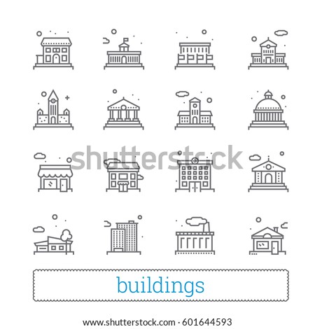 Building thin line icons. Public, government, education & personal houses. Modern linear vector design elements of places for maps, web interface & mobile services. Isolated on white.