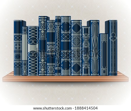 Collection of blue books on a bookshelf on a background of light wallpaper. Ornate book spines with space for text. Vector illustration Photo stock © 