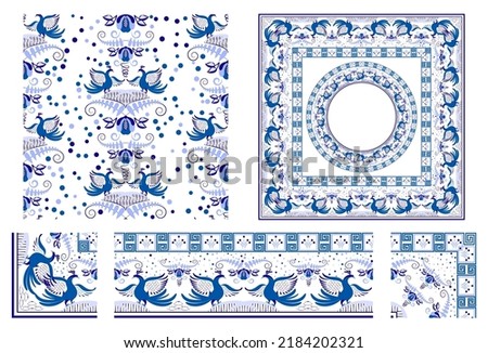 Set of elements in style national cobalt porcelain painting Seamless pattern Border brush with corner items Round square frame Blue floral ornament Oriental motif rustic ceramic Vector illustration