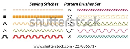 Sewing Stitches set. Border of seamless machine stitch. Pattern brushes collection different elements. Monochrome lines isolated on white background. Vector illustration