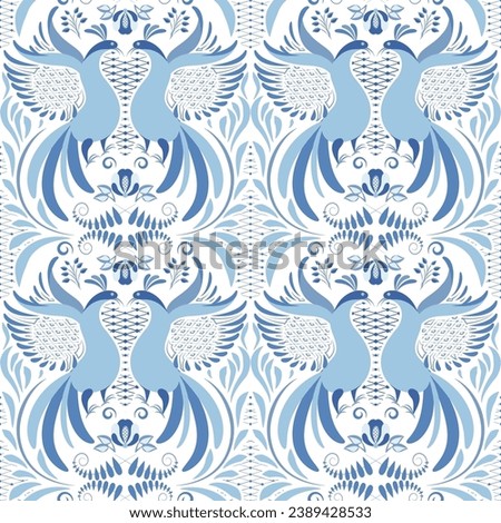 Blue and white seamless pattern with birds. Background in the style of classic ethnic porcelain painting. Old fashion hand drawn rustic floral motifs. Vector illustration.