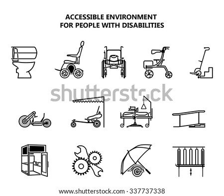 Set of icons on accessible environment for people with disabilities. Vector illustration.