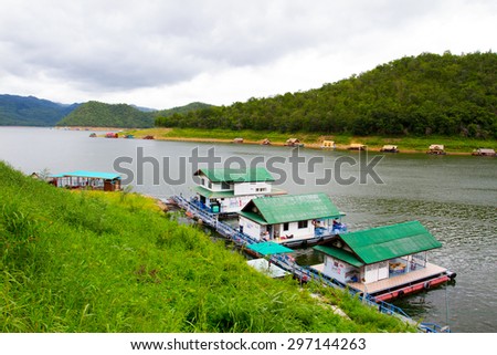 Kanchanaburi , Thailand - JULY 5,2015 : River view at The Forest Resort with raft house on River Kwai in Kanchanaburi, Thailand.