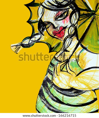 Beautiful girl with yellow umbrella, Illustration