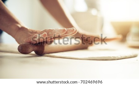 Similar – Image, Stock Photo Pie dough and rolling pin above view.